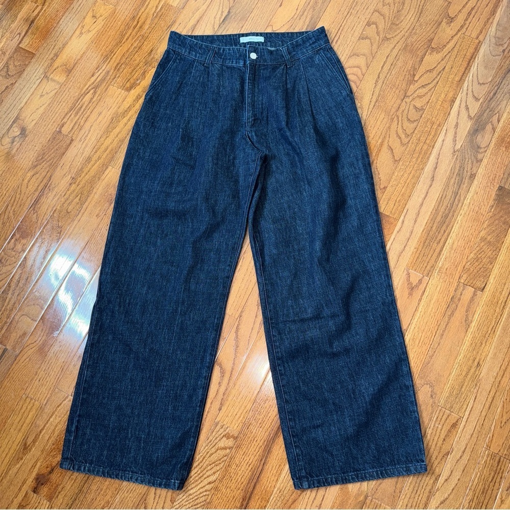 Mango Dark Denim Wide Leg Trouser Jeans Pleated Front Size 8